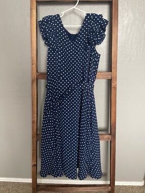 Navy Polka Dot Tie-Waist Midi Dress with Ruffle Sleeves